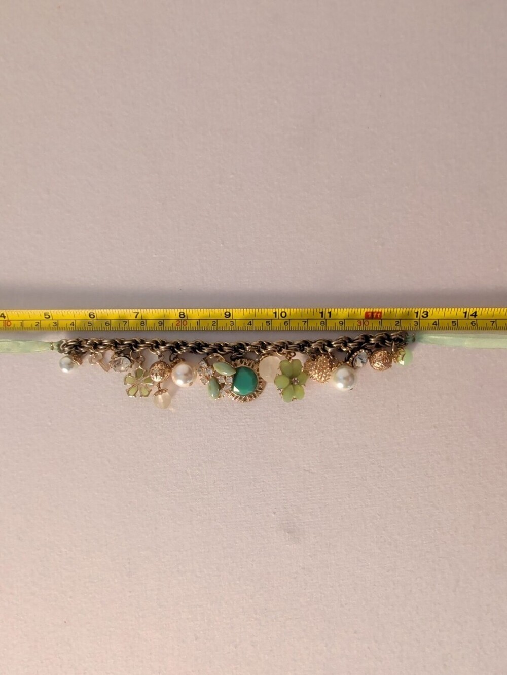 Vintage Style Sage Green Ribbon Multi-Charm Statement Necklace - Picture 3 of 3